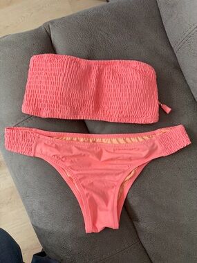 PINK Victoria's Secret Coral Pink Smocked Bandeau Bikini Set